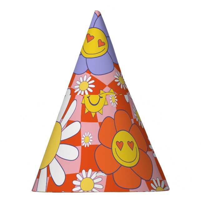 Groovy Daisy Floral Chequerboard, Y2K 90s  Party Hat (Right)