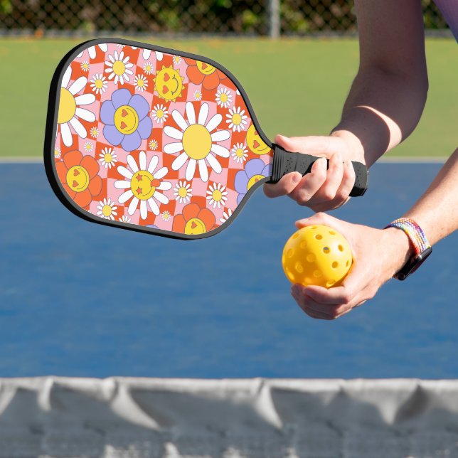 Groovy Daisy Floral Chequerboard, Y2K 90s Pickleball Paddle (Insitu)