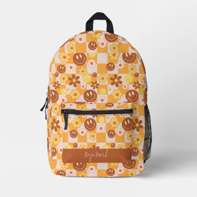 Groovy Daisy Floral Chequerboard, Y2K 90s Printed Backpack (Front)