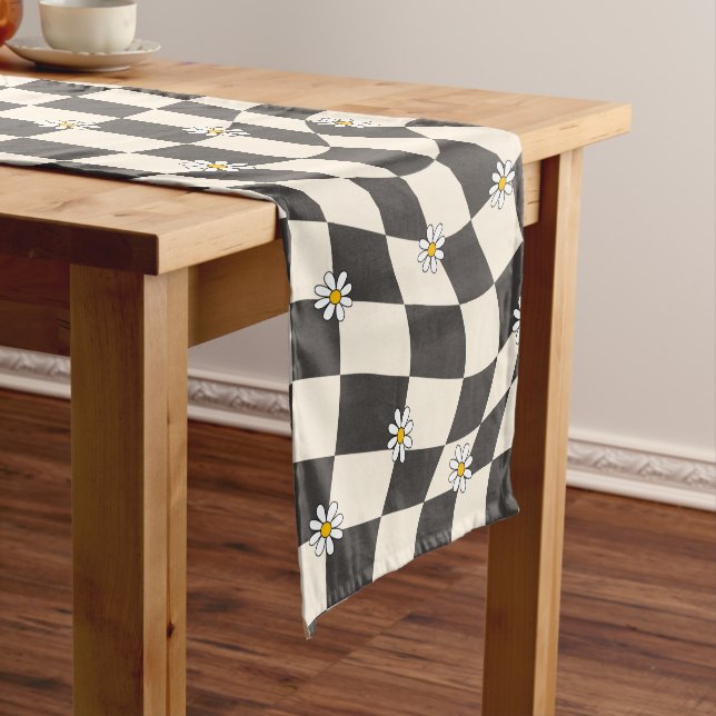 Groovy Daisy Floral Chequerboard, Y2K 90s Short Table Runner (In Situ)