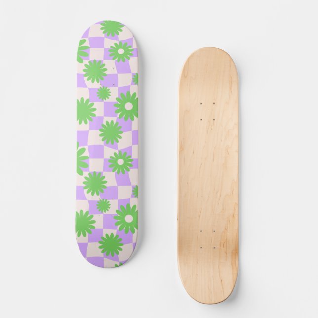 Groovy Daisy Floral Chequerboard, Y2K 90s Skateboard (Front)