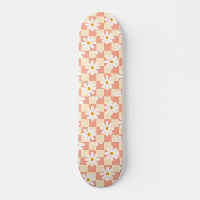 Groovy Daisy Floral Chequerboard, Y2K 90s Skateboard (Front)