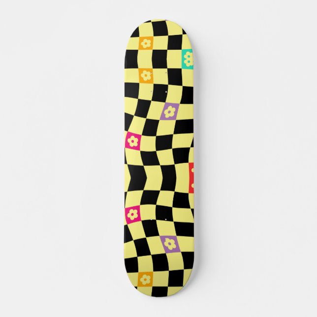 Groovy Daisy Floral Chequerboard, Y2K 90s Skateboard (Front)