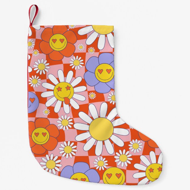 Groovy Daisy Floral Chequerboard, Y2K 90s Small Christmas Stocking (Front)