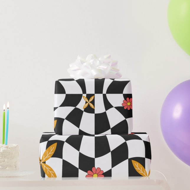 Groovy Daisy Floral Chequerboard, Y2K 90s  Wrappin Wrapping Paper (Party Gifts)