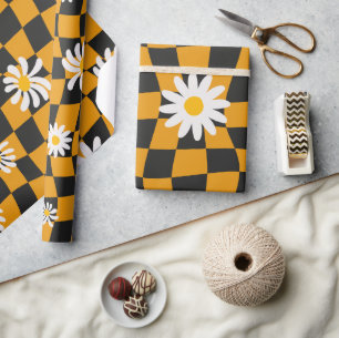 Groovy Daisy Floral Chequerboard, Y2K 90s Wrapping Paper
