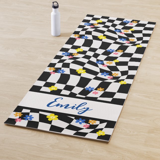 Groovy Daisy Floral Chequerboard, Y2K 90s Yoga Mat (In Situ)