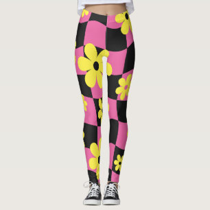 Groovy Daisy Floral Heart Chequerboard, Y2K 90s Leggings