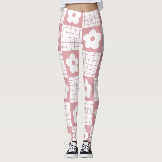 Groovy Daisy Floral Heart Chequerboard, Y2K 90s Leggings (Front)