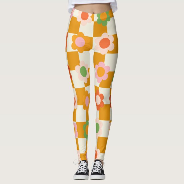 Groovy Daisy Floral Heart Chequerboard, Y2K 90s Leggings (Front)