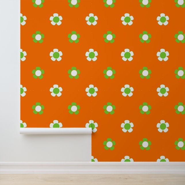 Groovy Daisy Floral - Orange, Lime & White Wallpaper (Application)