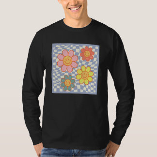 Groovy Daisy Flower Happy Face Hippie Checkered Fo T-Shirt