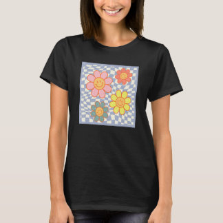 Groovy Daisy Flower Happy Face Hippie Checkered Fo T-Shirt