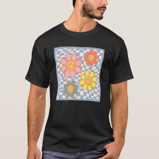 Groovy Daisy Flower Happy Face Hippie Chequered Fo T-Shirt