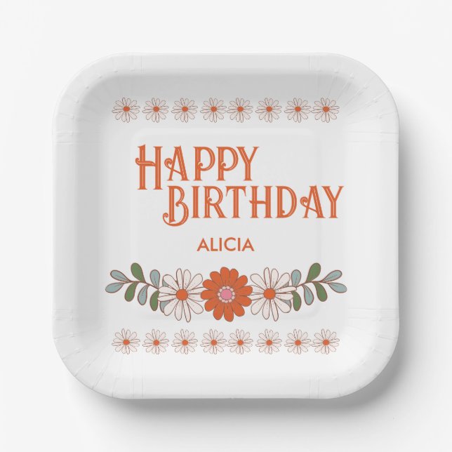 Groovy Daisy Hippie Flora Leaf Happy Birthday Paper Plate (Front)
