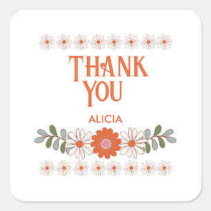 Groovy Daisy Hippie Flora Leaf Thank You Square Sticker