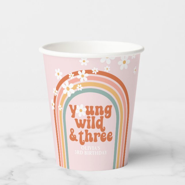 Groovy daisy hippie rainbow 3RD birthday Paper Cups (Front)