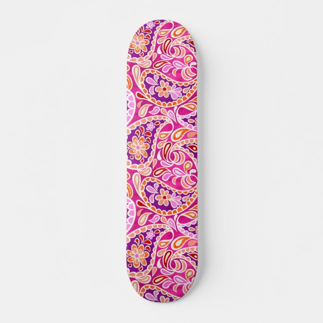 Groovy Daisy Paisley BoHo Watercolor Fuchsia Skateboard (Front)