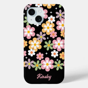 Groovy Daisy Pattern w/ Name Black iPhone 15 Case