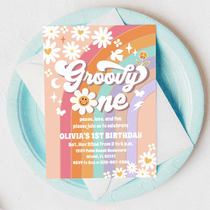 Groovy Daisy Rainbow 1st Birthday Invitation