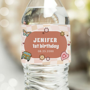 Groovy Daisy Retro 1st Birthday Party Water Bottle Label