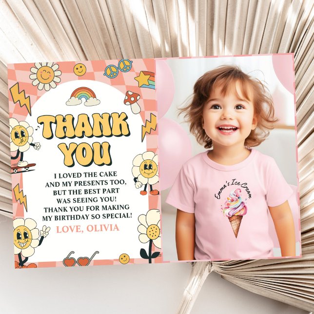 Groovy Daisy & Retro Van Pink Birthday Thank You Card (Creator Uploaded)