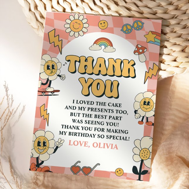 Groovy Daisy & Retro Van Pink Birthday Thank You Card (Creator Uploaded)