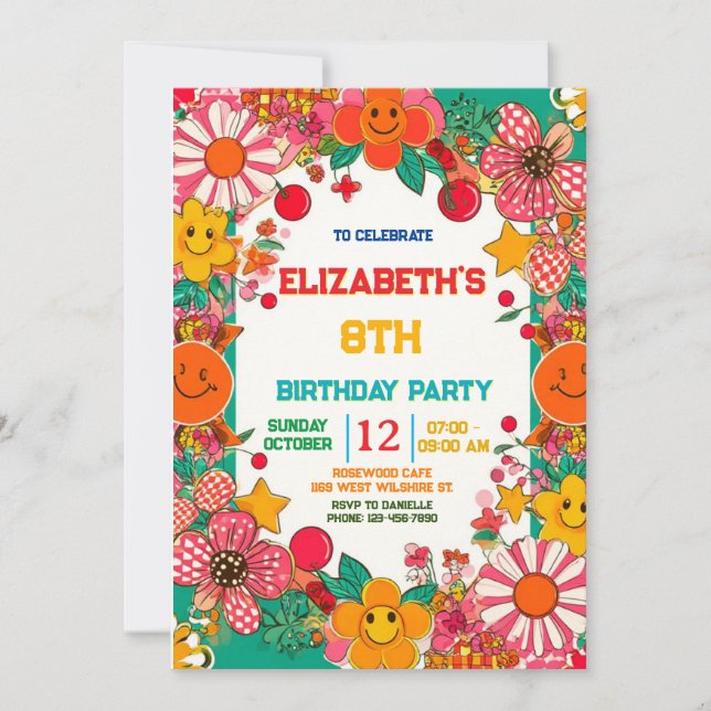 Groovy Daisy & Smiley Face Retro Birthday Invitation (Front)