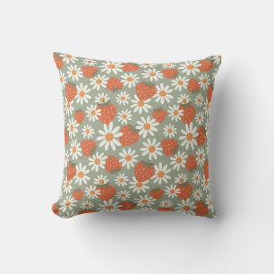 Groovy Daisy Strawberry Print Summer Spring Sage Cushion