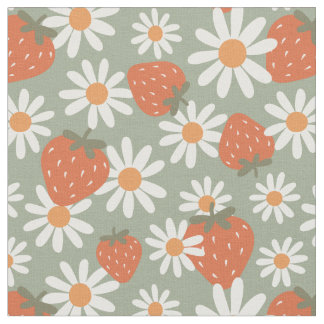 Groovy Daisy Strawberry Print Summer Spring Sage Fabric
