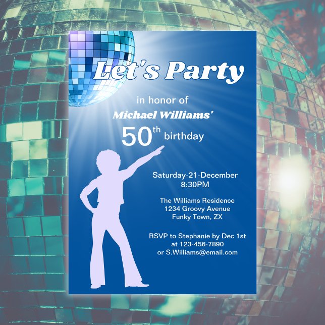 Groovy Disco Ball Blue Mans 50th Birthday Invitation (Creator Uploaded)