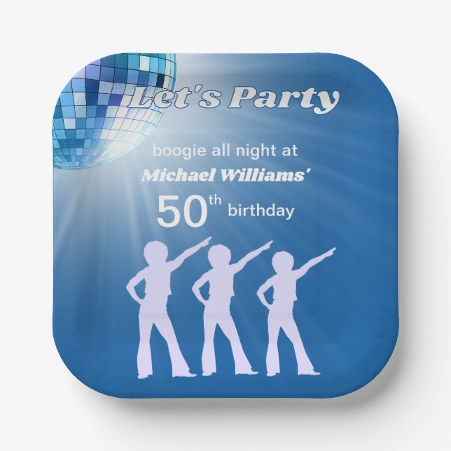 Groovy Disco Ball Blue Mans 50th Birthday Paper Plate (Front)