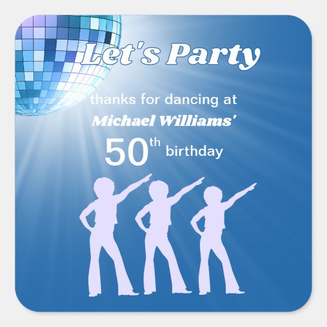 Groovy Disco Ball Blue Mans 50th Birthday Square Sticker (Front)