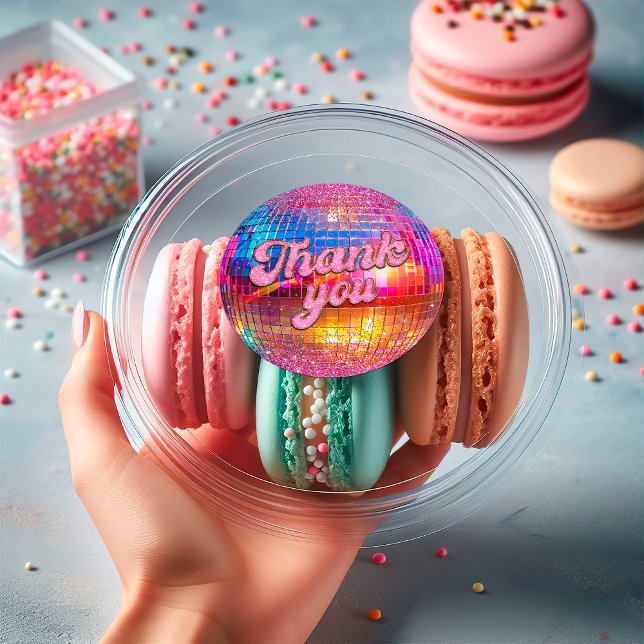 Groovy Disco Ball Hot Pink Glitter Gold Thank You Classic Round Sticker (Creator Uploaded)