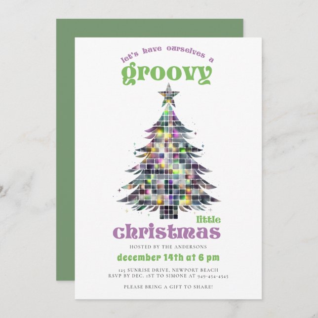 Groovy Disco Tree Retro Green Pink Christmas Party Invitation (Front/Back)