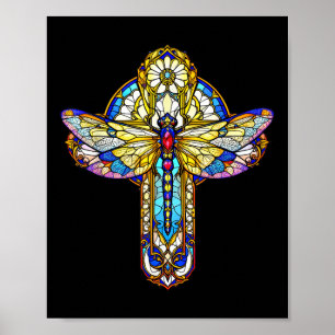 Groovy Dragonfly Cross Christian Bible Religious F Poster