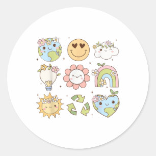 Groovy Earth Day Shirts Men Women Kids Smile Face  Classic Round Sticker