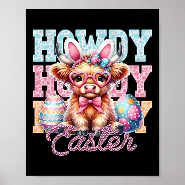 Groovy Easter Day Cow Western Cowboy Howdy Easter  Poster (Front)