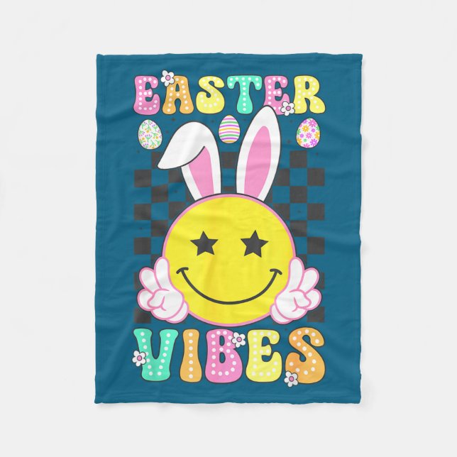 Groovy easter vibes bunny easter day smile faceGro Fleece Blanket (Front)