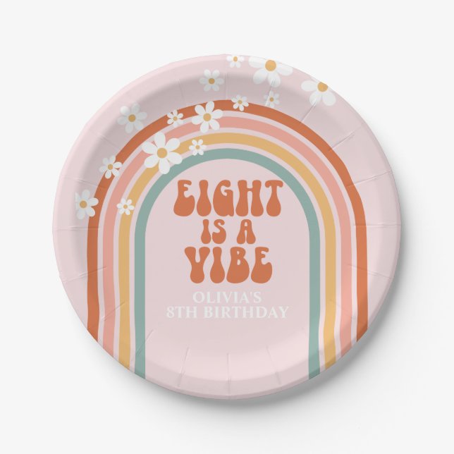 Groovy Eight is a vibe daisy rainbow 8th birthday Paper Plate (Front)