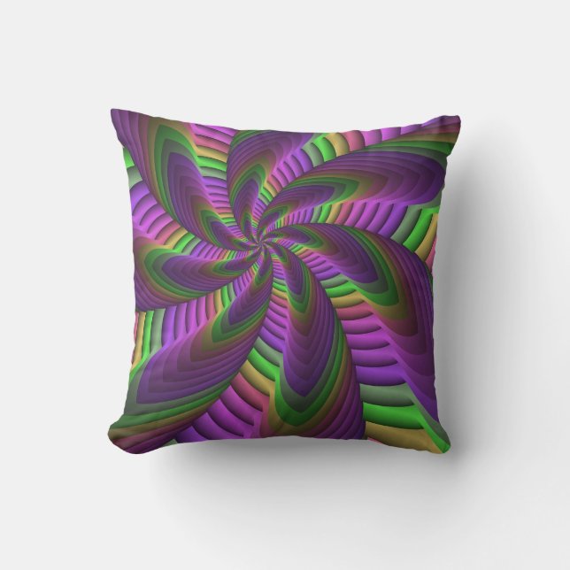 Groovy Energetic Colourful Neon Fractal Pattern Cushion (Front)
