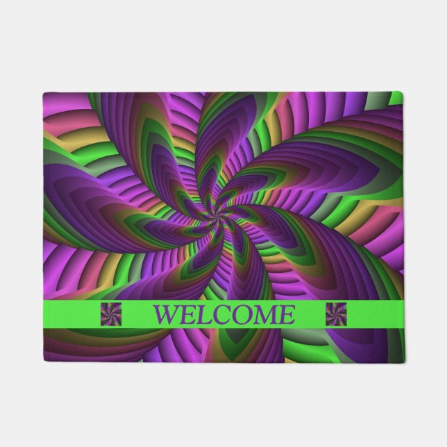Groovy Energetic Colourful Neon Fractal Pattern Doormat (Front)