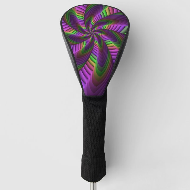 Groovy Energetic Colourful Neon Fractal Pattern Golf Head Cover (Front)