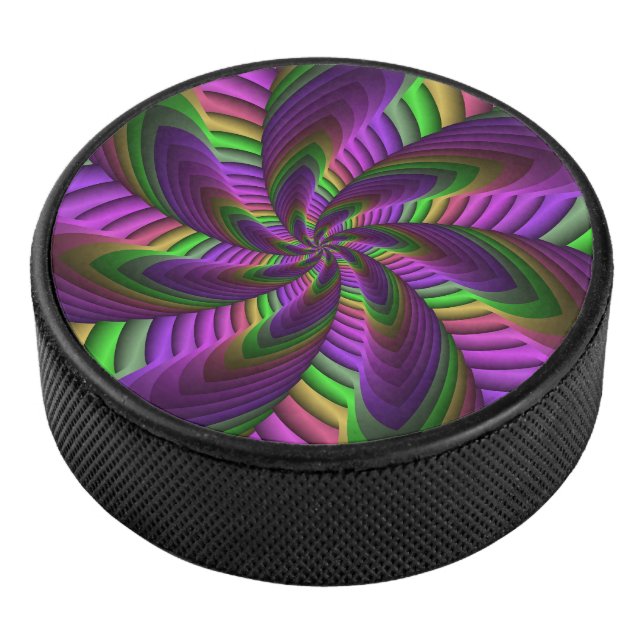 Groovy Energetic Colourful Neon Fractal Pattern Hockey Puck (3/4)