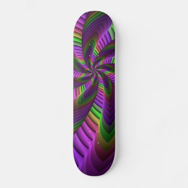 Groovy Energetic Colourful Neon Fractal Pattern Skateboard (Front)