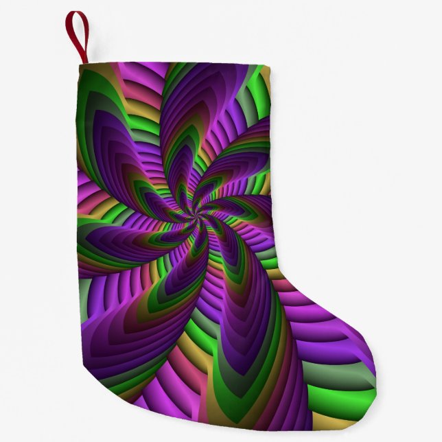 Groovy Energetic Colourful Neon Fractal Pattern Small Christmas Stocking (Front)