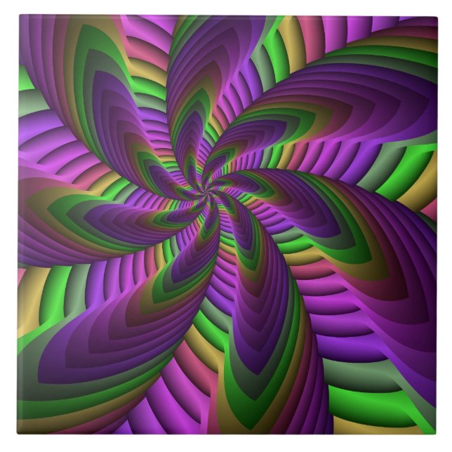 Groovy Energetic Colourful Neon Fractal Pattern Tile (Front)