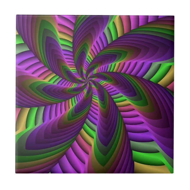 Groovy Energetic Colourful Neon Fractal Pattern Tile (Front)