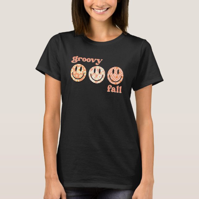 Groovy Fall Happy Face Retro Autumn Flower Chequer T-Shirt (Front)