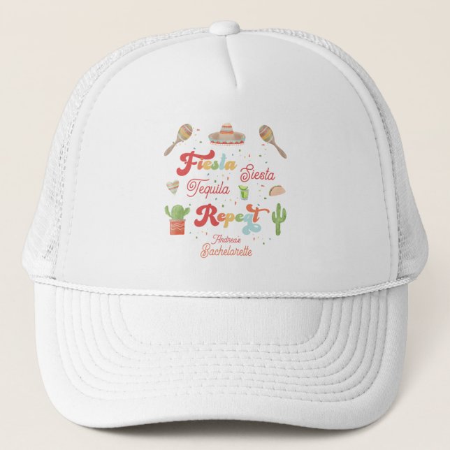 Groovy Fiesta Siesta Tequila Repeat Bachelorette Trucker Hat (Front)